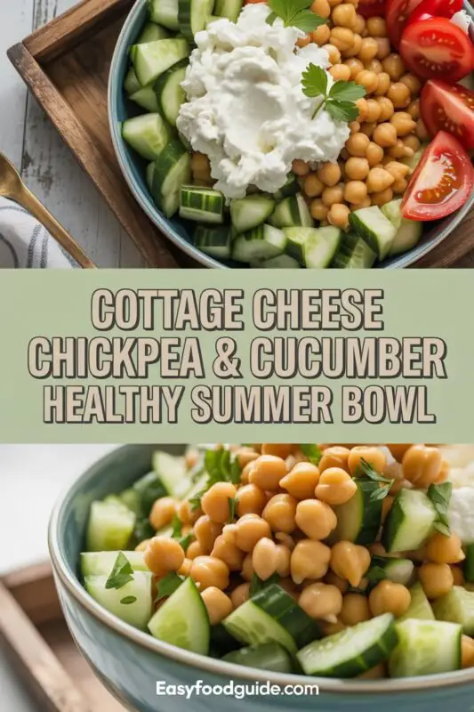 A colorful summer bowl with cottage cheese, chickpeas, cucumbers, and tomatoes, garnished with herbs.
