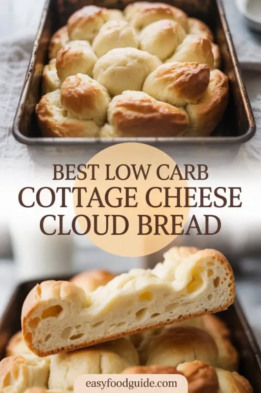 Fluffy cottage cheese cloud bread rounds on a plate with fresh vegetables, set in a rustic kitchen.