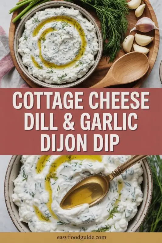 A bowl of creamy cottage cheese dill dip with fresh vegetables and crackers on a wooden table.