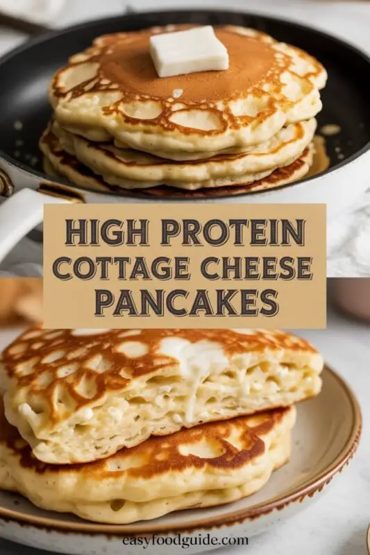 Fluffy cottage cheese pancakes stacked with berries and syrup on a rustic table.