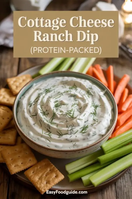 A bowl of creamy cottage cheese ranch dip with fresh herbs, surrounded by vegetable sticks and chips on a rustic table.