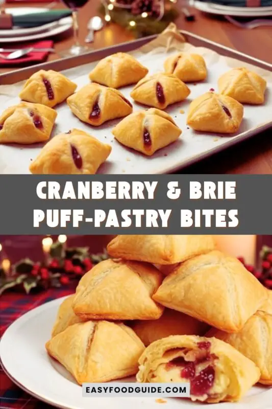 cranberry-brie-bites-puff-3 A close-up of cranberry & brie puff-pastry bites on a wooden platter, garnished with rosemary.