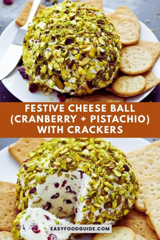 cranberry-pistachio-cheeseball-3 A festive cranberry pistachio cheese ball on a wooden platter with assorted crackers, garnished with herbs.