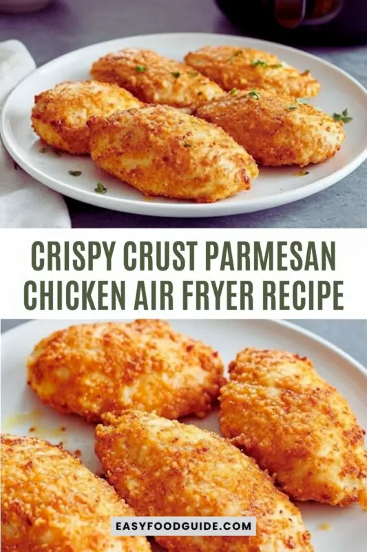 Crispy Parmesan crusted chicken breast on a plate with salad, garnished with parsley.