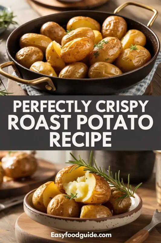 A plate of golden crispy roast potatoes garnished with rosemary, set on a rustic table.