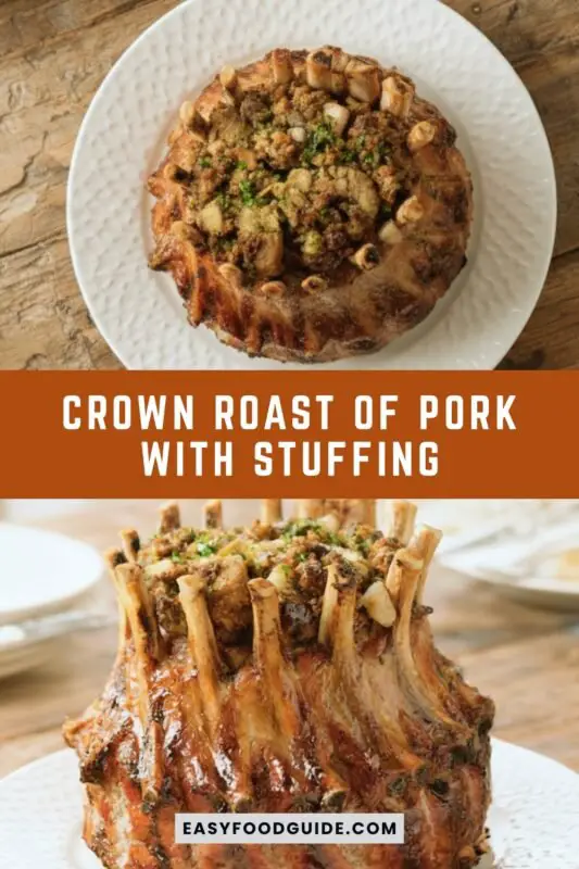 crown-roast-pork-3 A stunning crown roast of pork with stuffing, served on a festive table with side dishes.