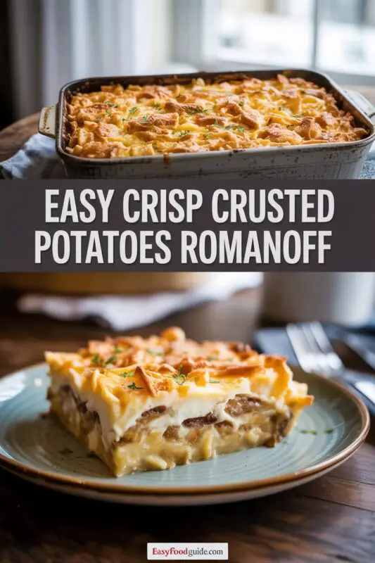 A baked dish of Potatoes Romanoff with a crispy golden crust and creamy cheese filling, garnished with green onions.