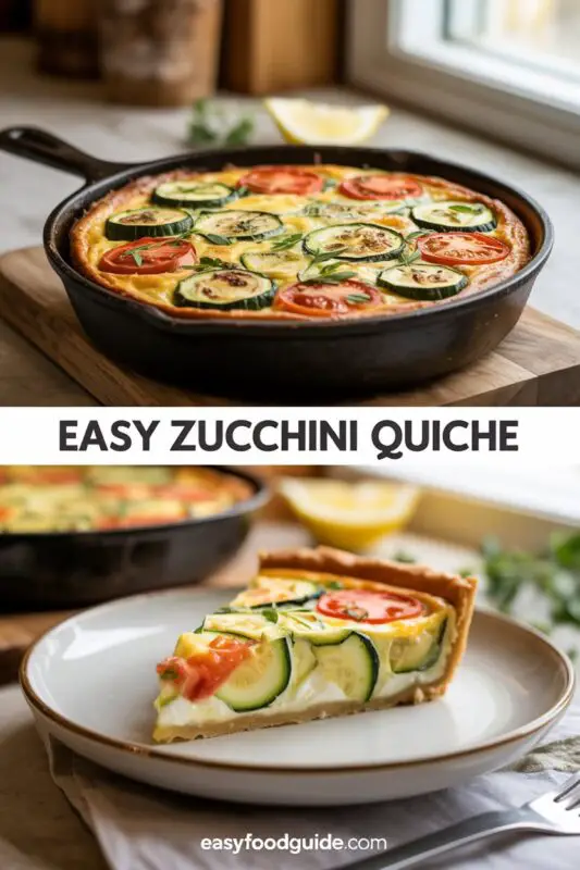 A golden-brown zucchini and tomato quiche with fresh herbs on a rustic table.