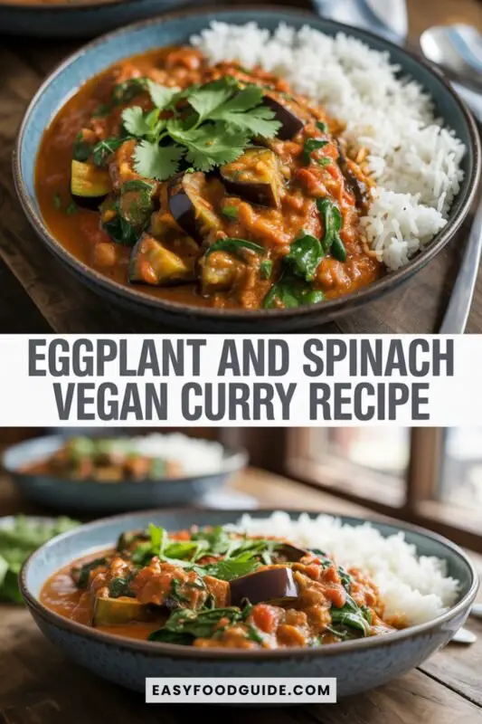 eggplant-spinach-curry-2 A colorful bowl of vegan eggplant and spinach curry with rice, garnished with cilantro.