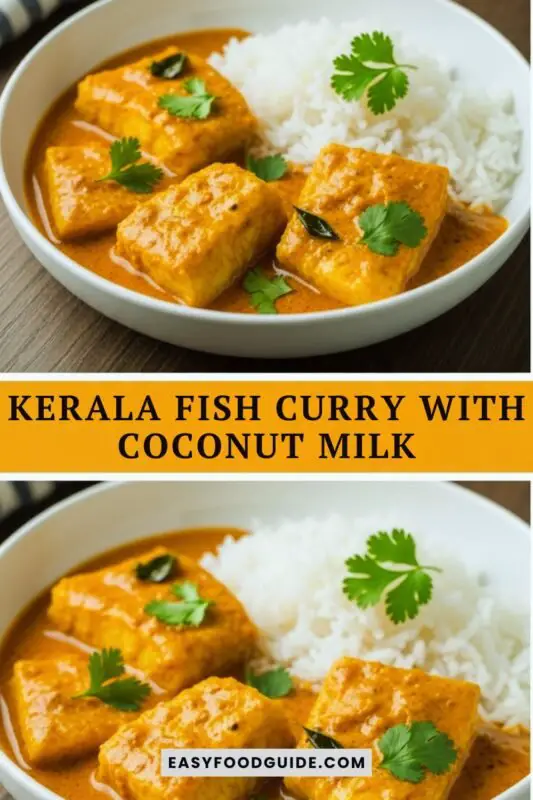 fish-curry-coconut-milk-1 A bowl of Kerala Fish Curry with cod in coconut milk, garnished with cilantro, served with rice on a wooden table.