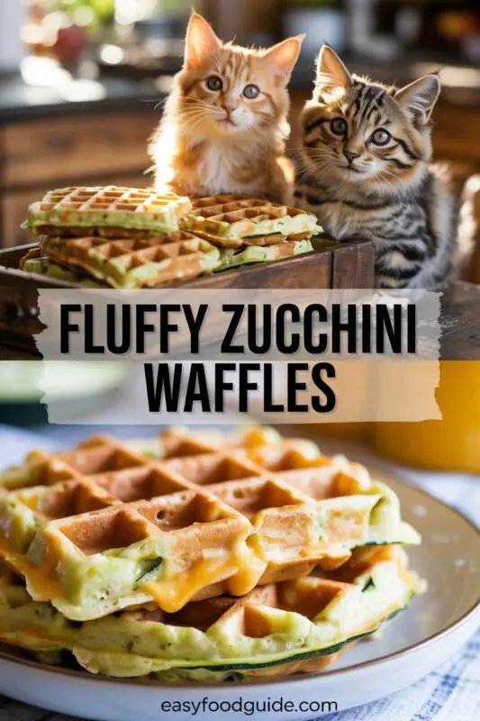 A stack of fluffy zucchini waffles topped with a poached egg and fresh herbs on a rustic plate.