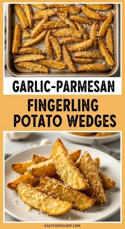 Crispy Garlic Parmesan Potato Wedges garnished with parsley on a rustic wooden table.