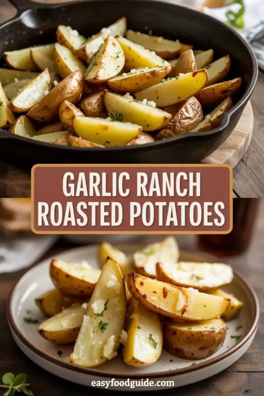Crispy garlic ranch roasted potatoes garnished with parsley and Parmesan on a rustic wooden table.