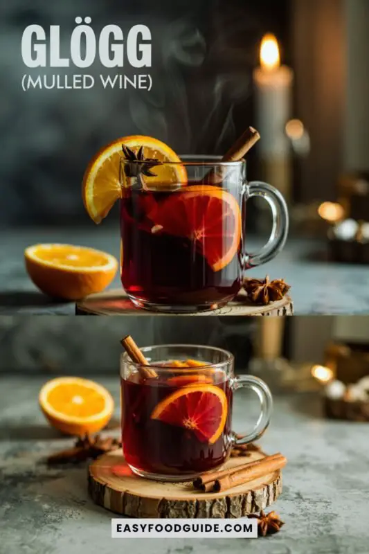 A cozy mug of Glögg (mulled wine) with citrus slices and spices, set in a festive winter scene.