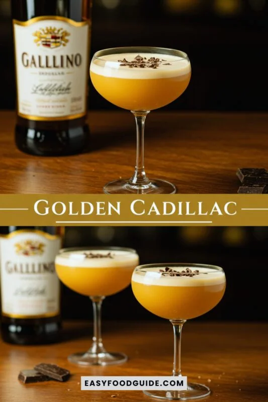 golden-cadillac-1 Golden Cadillac cocktail in a glass with chocolate shavings on top, set on a wooden bar.