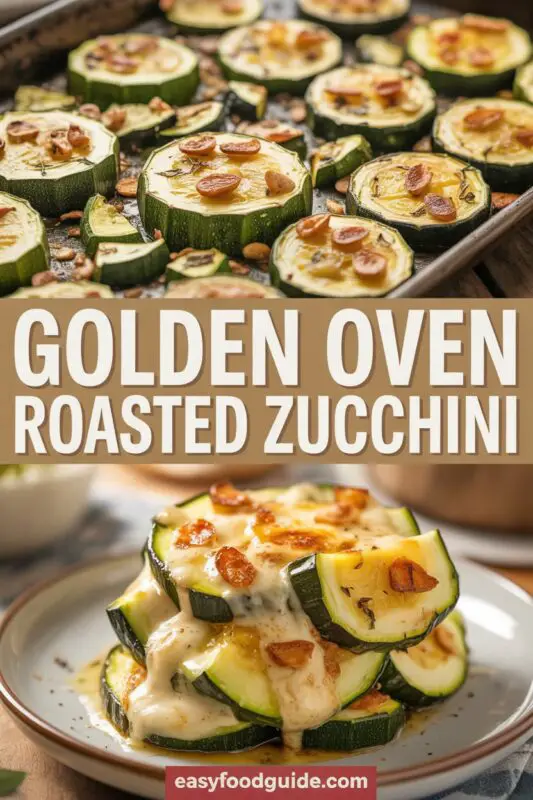 Golden oven roasted zucchini slices garnished with parsley and Parmesan on a rustic wooden table.