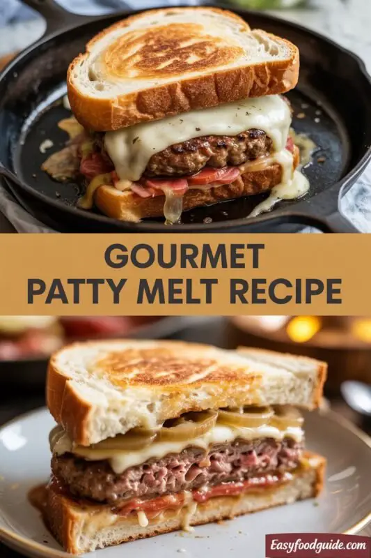 A delicious gourmet patty melt sandwich with beef, cheese, and caramelized onions on toasted rye bread, served with fries.