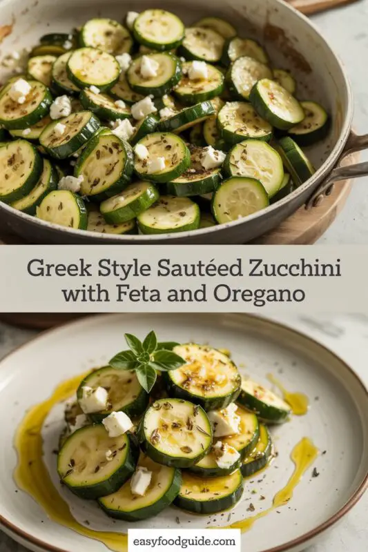 A colorful plate of sautéed zucchini with feta and oregano, garnished with parsley and lemon.