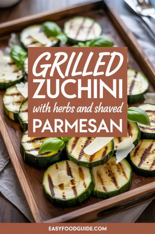 Grilled zucchini slices with Parmesan cheese and herbs on a wooden platter with lemon wedges.