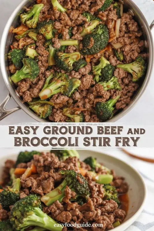 Ground beef and broccoli stir fry served over rice, garnished with sesame seeds and green onions.
