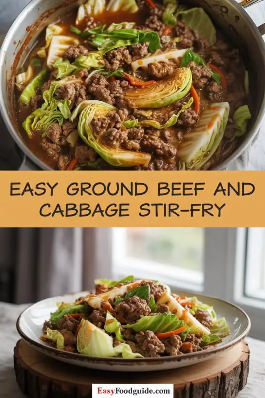 Ground beef and cabbage stir-fry with green onions in a bowl on a wooden table.