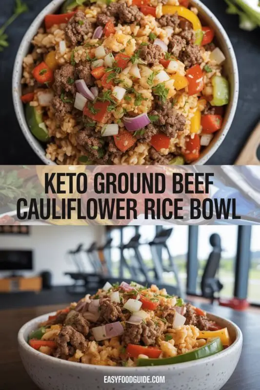 A delicious Keto Ground Beef Cauliflower Rice Bowl with ground beef, bell peppers, and cauliflower rice, garnished with cilantro and lime.