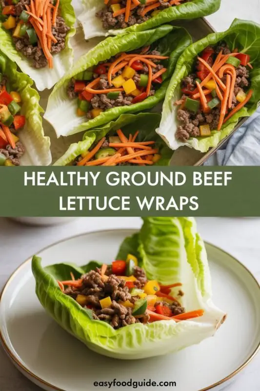 Healthy Ground Beef Lettuce Wraps filled with savory beef and vegetables, garnished with green onions, served on a wooden table.