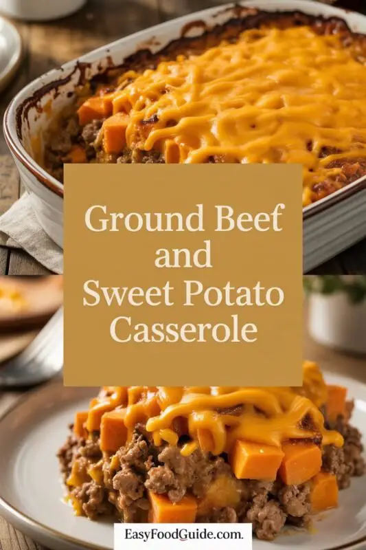 Ground Beef and Sweet Potato Casserole with melted cheese, served in a rustic dish on a wooden table.