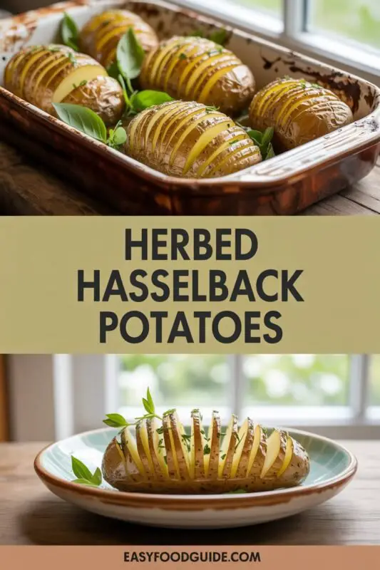 Herbed Hasselback Potatoes with crispy edges and fresh herbs, served on a plate with a salad.