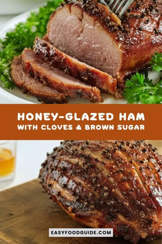 honey-glazed-ham-3 A succulent honey-glazed ham with cloves and brown sugar, garnished with vegetables, on a wooden platter.