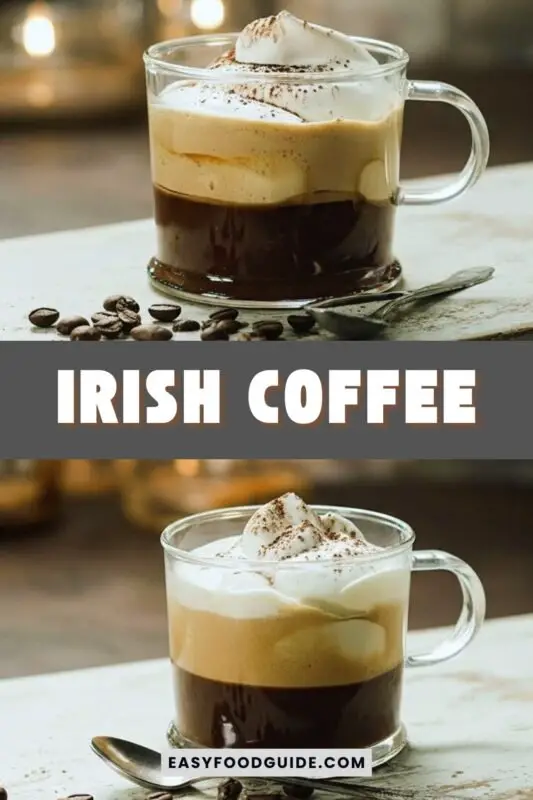 irish-coffee-1 A glass of Irish Coffee topped with whipped cream, served on a wooden table with coffee beans.