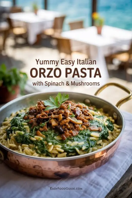Creamy spinach and mushroom orzo pasta in a bowl, garnished with Parmesan cheese, on a rustic table.