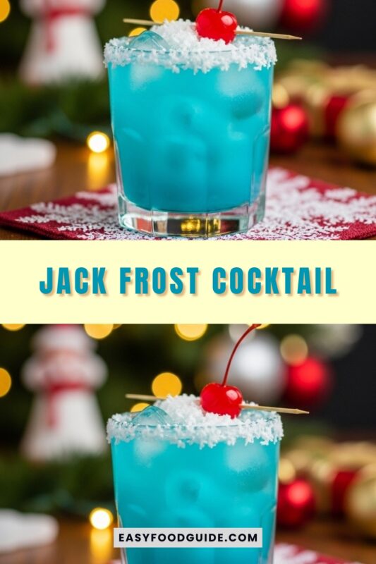 A blue Jack Frost Christmas Cocktail in a glass, garnished with coconut and cherry, set against a festive holiday backdrop.