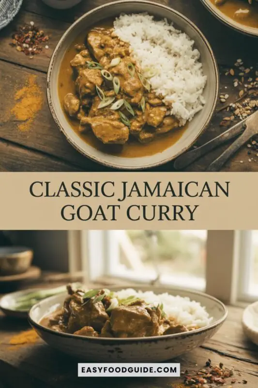 jamaican-goat-curry-1 A bowl of Jamaican goat curry with tender meat in golden sauce, garnished with green onions, served with rice on a rustic table.