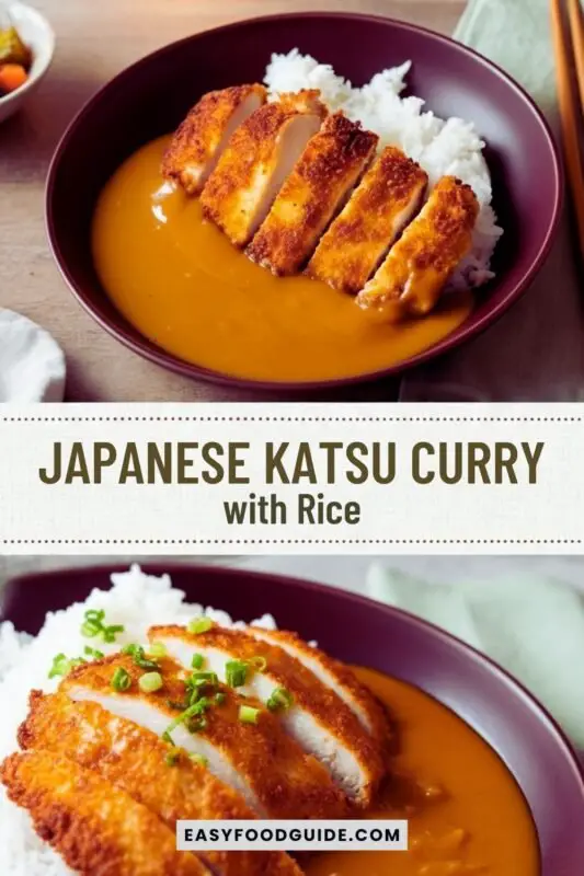 japanese-katsu-curry-1 Japanese Katsu Curry with Rice, featuring crispy chicken katsu over rice with curry sauce and green onion garnish.