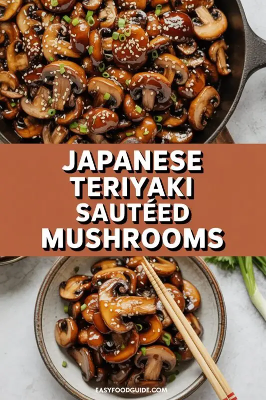 A plate of sautéed mushrooms in teriyaki sauce, garnished with sesame seeds and green onions,