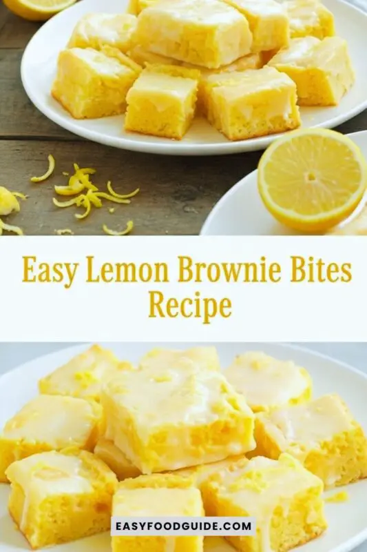 lemon-brownie-bites-1 A plate of lemon brownie bites with lemon glaze, garnished with lemon slices and zest on a rustic table.