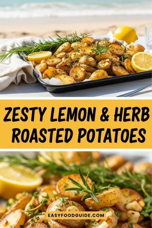 Crispy lemon herb roasted potatoes garnished with fresh herbs and lemon wedges on a rustic table.