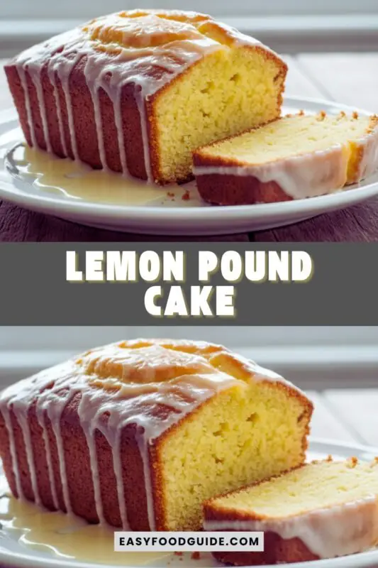 lemon-pound-cake-1 Thick slices of lemon pound cake with lemon glaze on a wooden board, garnished with lemon zest and a linen napkin.