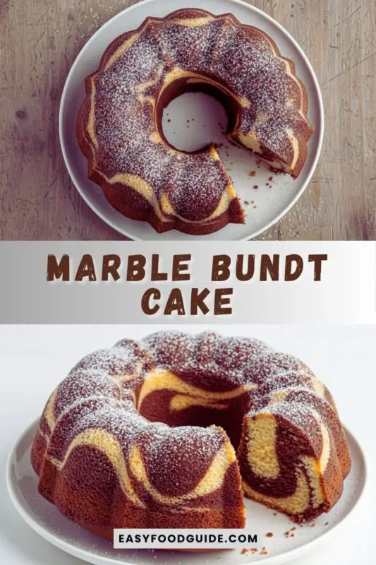 marble-bundt-cake-1 A sliced marble Bundt cake showcasing chocolate and vanilla swirls, dusted with powdered sugar, on rustic plates with a linen napkin.
