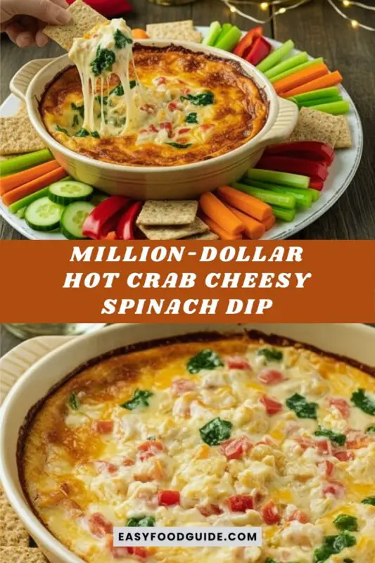 million-dollar-dip-3 Warm crab spinach dip with vegetables and crackers on a rustic table.