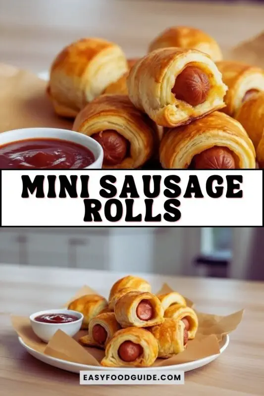 mini-sausage-rolls-3 Mini sausage rolls on a platter with dipping sauce, ideal for parties.