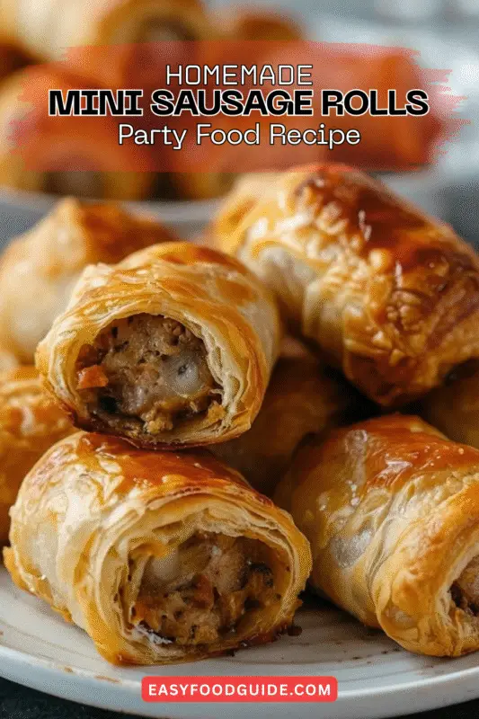 A close-up, warm-toned shot of perfectly golden brown mini sausage rolls arranged artfully on a rustic wooden board, garnished with fresh rosemary. Soft, inviting natural lighting from the side.