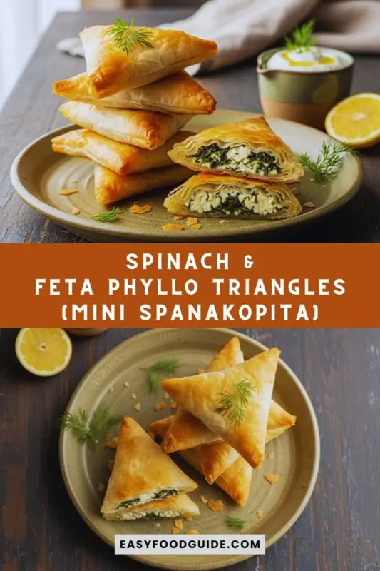 mini-spanakopita-3 A delicious platter of crispy Spinach & Feta Phyllo Triangles served with tzatziki sauce and lemon wedges.