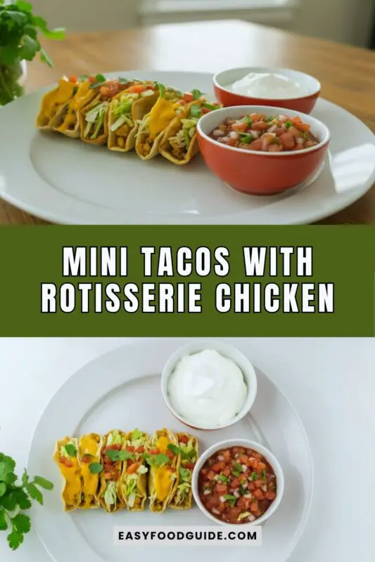 mini-tacos-rotisserie-chicken-1 A plate of crispy mini tacos filled with rotisserie chicken, topped with lettuce and tomatoes, served with salsa and sour cream.
