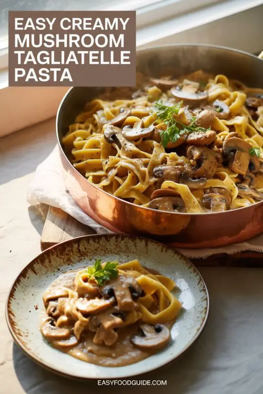 Creamy mushroom tagliatelle pasta garnished with parsley and mushrooms on a rustic wooden table.