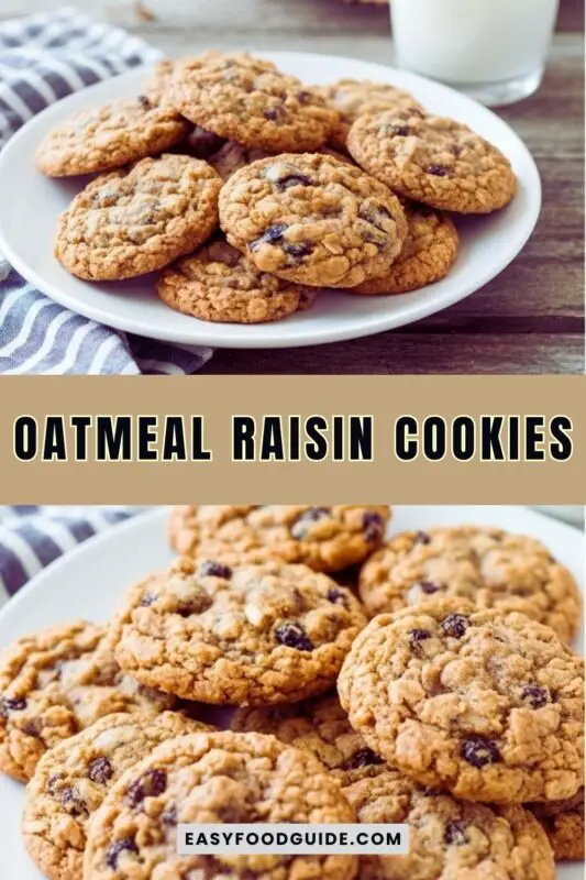 oatmeal-raisin-cookies-1 A plate of golden brown oatmeal raisin cookies with raisins, next to a glass of milk on a wooden table.