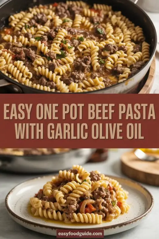 A bowl of creamy beef pasta with rotini, ground beef, and garlic, garnished with parsley on a rustic table.