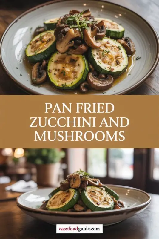 A colorful plate of sautéed zucchini and mushrooms, garnished with herbs, on a rustic table.