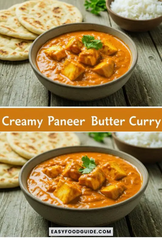 paneer-butter-curry-2 Creamy paneer butter curry with paneer cubes in tomato gravy, garnished with coriander, served with naan and rice.